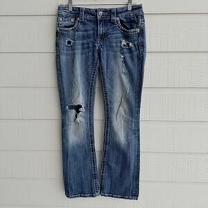 Miss Me 29 Embellished Boot Cut Jeans Distressed Rhinestone Flap Pocket Y2K
